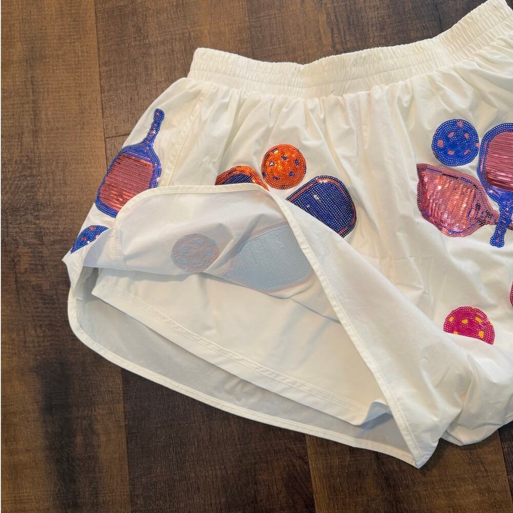 Queen of Sparkle Pickleball Sequin Athletic Running Shorts White Size Medium - Picture 8 of 10